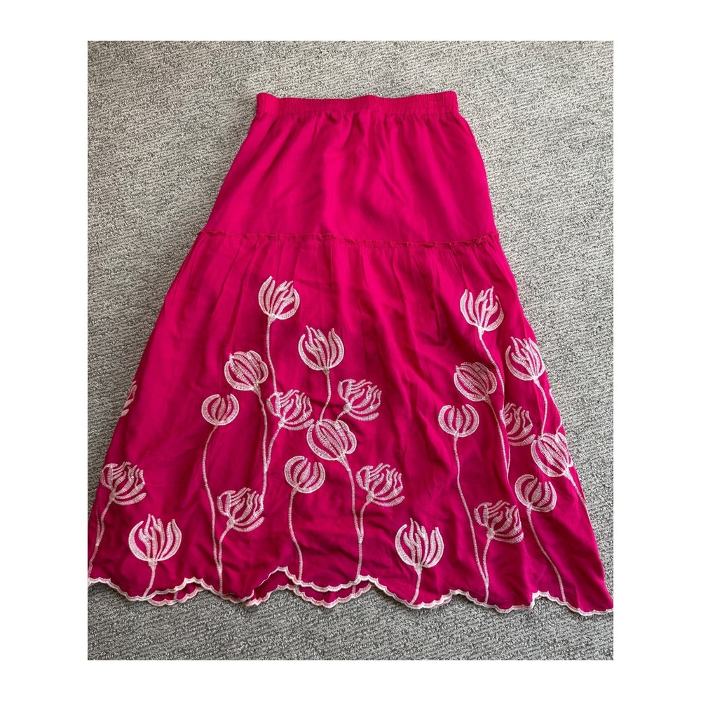 L'Affaire Pink Embroidered Floral Midi‎ Skirt XL Fuchsia Scallop Hem Tiered Boho
